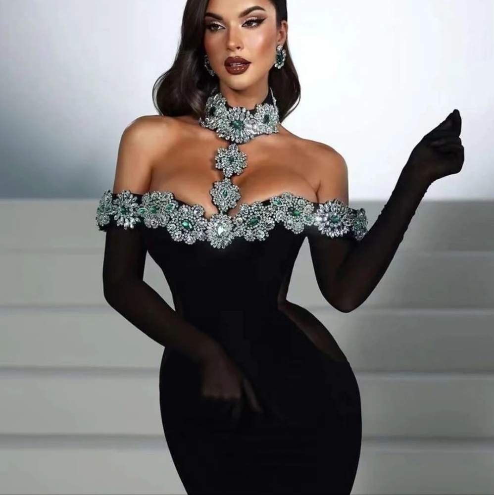 High End Fashion Luxury Women Party Dress Elegant Diamonds Flowers Maxi Long - Picture 2 of 13